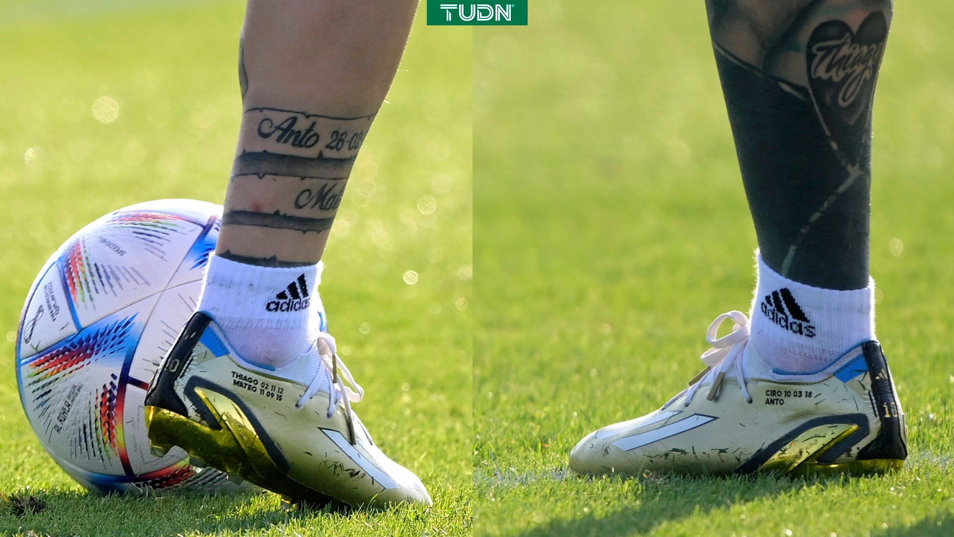 Leo Messi y sus zapatos con el nombre de sus hijos en el debut de Argentina en Qatar 2022 Deportes Argentina vs Arabia Saudita | TUDN Univision