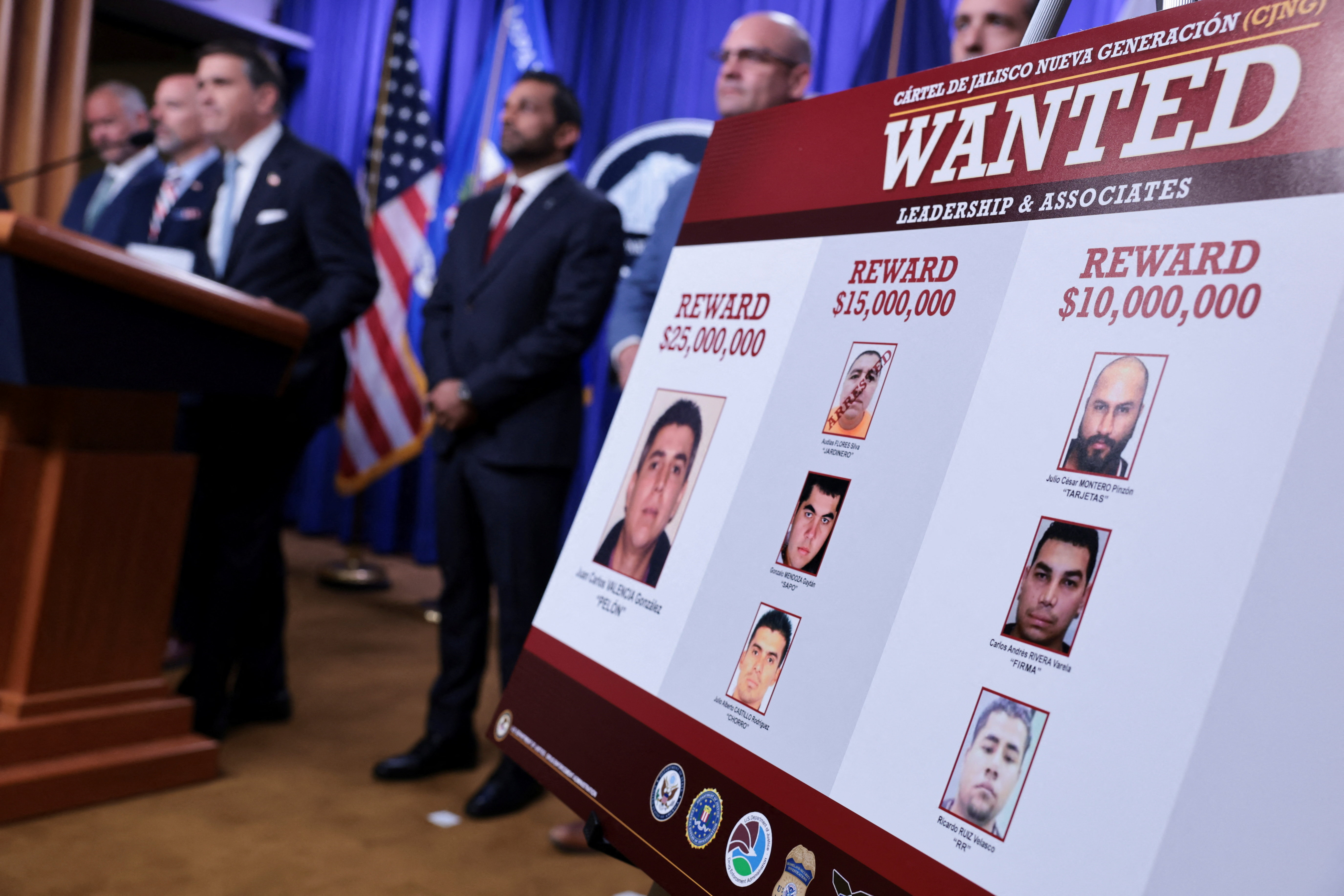 U.S. officials announce $102 million in combined rewards for eight CJNG leaders, August 5, 2026