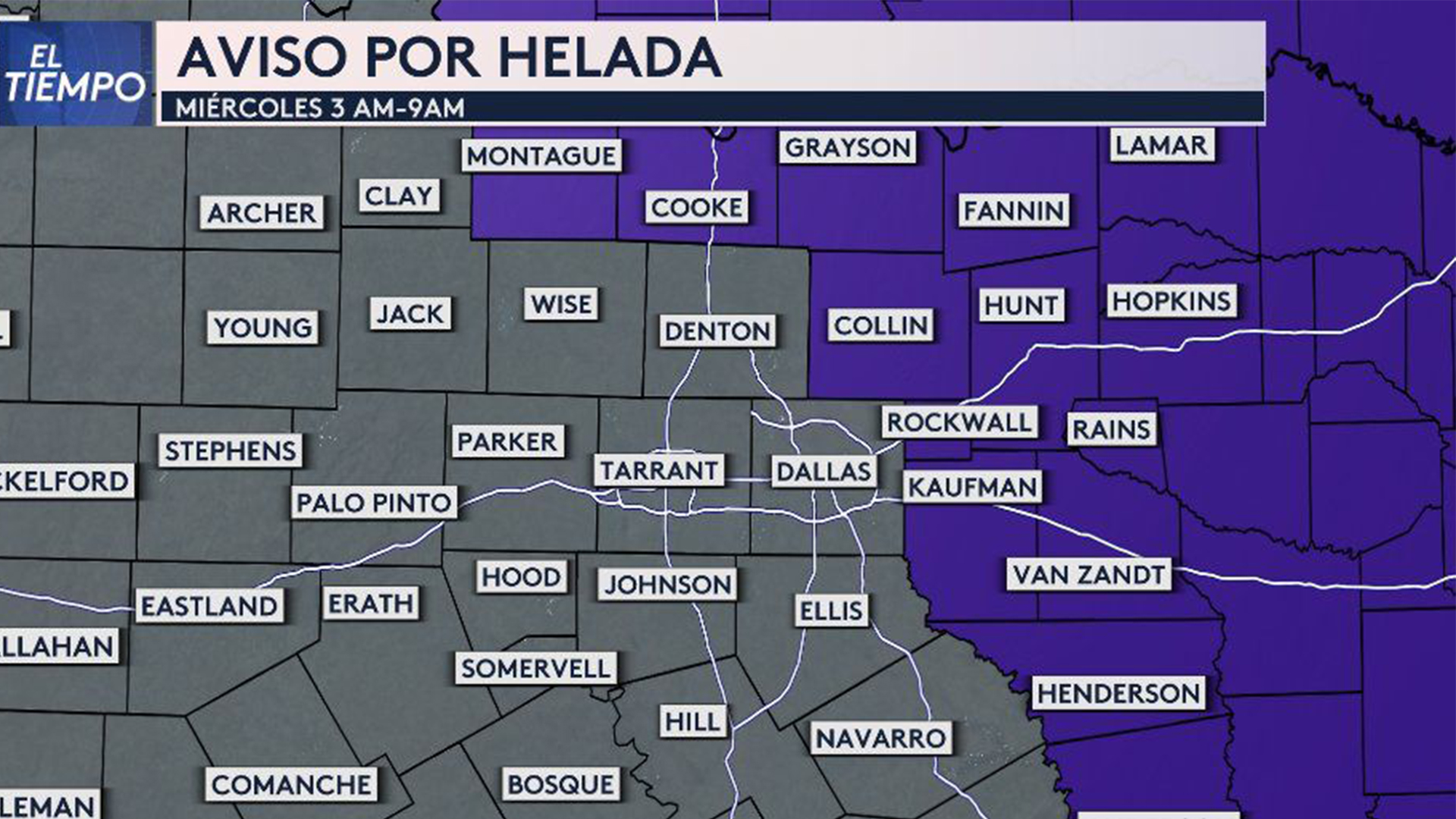 Emiten un Aviso por Helada condados del norte de Texas, excepto Dallas