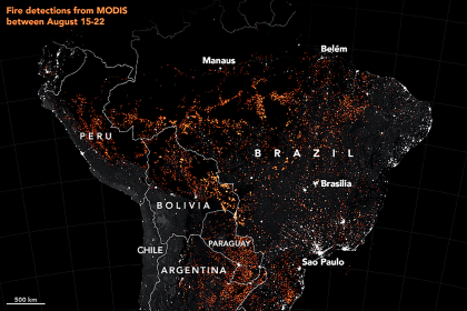 En los últimos dÃas se han reportado más de 1,100 nuevos fuegos, según el Instituto Nacional de Investigaciones Espaciales (INPE) de Brasil. Esta imagen, compuesta por diferentes fotografÃas satelitales nocturnas, muestra en color naranja algunos de los focos localizados entre el 15 y el 22 de agosto de 2019.