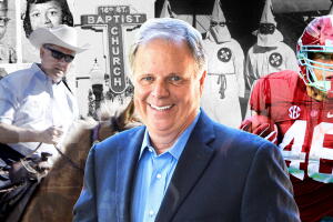La elección entre Doug Jones (centro) y Roy Moore (en la izquierda montado a caballo) es vista como un choque entre símbolos y valores antagónicos.