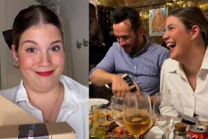 Joven muestra los regalos que le dará a su jefe en el intercambio