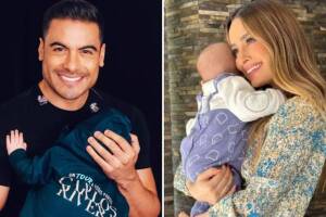 Carlos Rivera y Cynthia Rodríguez con su hijo León