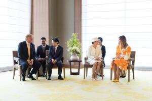 U.S. President Donald Trump and first lady Melania Trump are bid farewell by Japan's Emperor Naruhito and Empress Masako before their leaving from Japan, at a hotel in Tokyo