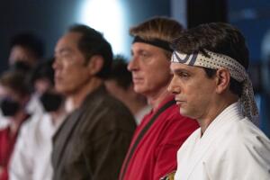 Yuji Okumoto as Chozen Toguchi, William Zabka as Johnny Lawrence, Ralph Macchio as Daniel LaRusso in episode 508 of Cobra Kai - Curtis Bonds Baker Netflix.jpg