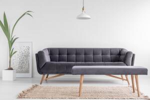 Comfortable upholstered bench on a beige rug and a large, velvet sofa in a bright, white living room interior with a plant. Real photo.