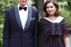 Grand Duchess Maria Teresa of Luxembourg and Grand Duke Henri of Luxembourg arrive for a Government dinner at the Eric Ericson Hall in Skeppsholmen