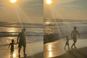 En las fotos que se compartieron desde la cuenta del niño se observa a Julián Figueroa caminando junto a su hijo en la playa. 