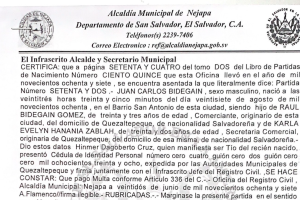 Partida de nacimiento de Juan Carlos Bidegaín en la Alcaldía de Nejapa