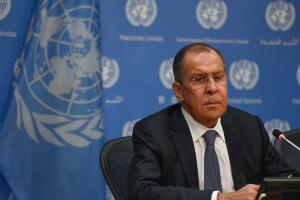 Russian Foreign Minister Sergey Lavrov Holds Press Briefing At The United Nations