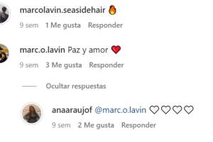 En la publicación en la que se dejó ver con Marco Lavin, él le dejó estos mensajes y ella le respondió con varios corazones. 