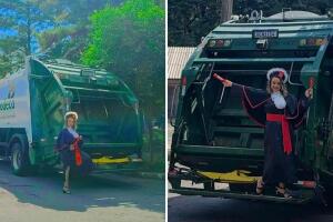 Mujer tiene sesión de fotos de graduación junto al camión de basura en el que trabajo durante sus estudios