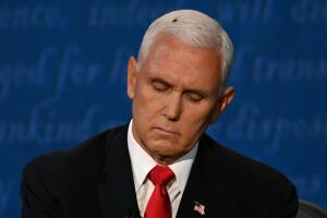 Una mosca descansa sobre la cabeza del vicepresidente estadounidense Mike Pence mientras tomaba apuntes al debatir con la senadora demócrata Kamala Harris el 7 de octubre del 2020 en la Universidad de Utah.