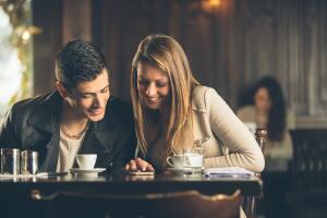 Friends at the cafe using a smart phone