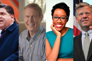 J.B. Pritzker y Bruce Rauner, candidatos a la gobernación, seguidos de Lauren Underwood y Randy Hultgren, candidatos a la cámara de representantes de los Estados Unidos por el Distrito 14