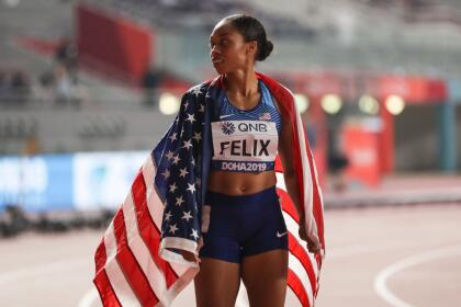 DOHA, QATAR - SEPTEMBER 29: Allyson Felix of the United States poses after setting a new world record in the 4x400 Metres Mixed Relay during day three of 17th IAAF World Athletics Championships Doha 2019 at Khalifa International Stadium on September 29, 2019 in Doha, Qatar. (Photo by Maja Hitij/Getty Images)