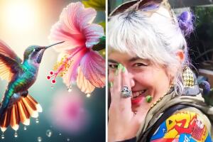 Colibrí confunde cabello de una chica con una flor