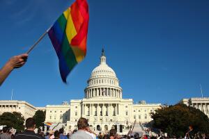 A demonstrator waves a rainbow flag in f