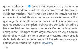 Elizabeth Gutiérrez declaró públicamente su admiración a William Levy con este mensaje en Instagram.