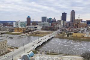Aerial View Of the Cedar River Running thru a Town in Iowa