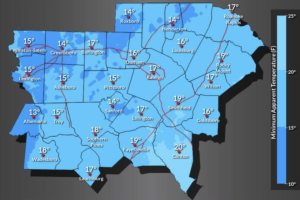 El NWS publicó un mapa de las sensaciones térmicas mínimas que se esperan este martes 11 de noviembre en el centro de Carolina del Norte.