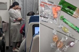 Mamá reparte tapones para los oídos y dulces a pasajeros de avión como disculpa por el llanto de su bebé
