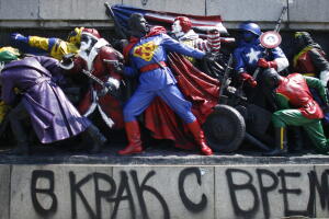 The figures of Soviet soldiers at the base of a Soviet Army monument, painted by an unknown artist, is pictured in Sofia