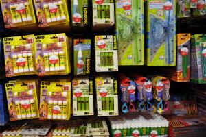 School supplies hang in a store on Augus