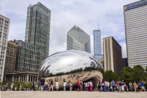 The Cloud Gate Sculpture, or the Bean named by the locals in Millennium Park, downtown Chicago