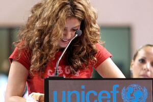 Colombian singer Shakira delivers a spee