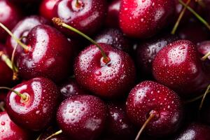 Fresh ripe black cherries background Top view Close up