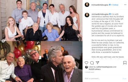 "Con tremenda tristeza, mis hermanos y yo anunciamos que Kirk Douglas nos dejó hoy a la edad de 103 años […] Pero para mí y mis hermanos Joel y Peter, él era simplemente papá, para Catherine, un maravilloso suegro, para sus nietos y bisnieto, su amoroso abuelo, y para su esposa Anne, un esposo maravilloso".
<br>