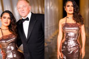 Al igual que JLo, Salma Hayek también optó por un vestido dorado para la gala.