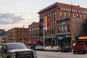 Brick commercial buildings with preserved historical aesthetic character