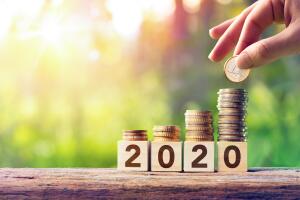 Growth Forecast Concept For 2020 - Coins Stack On Wooden Blocks