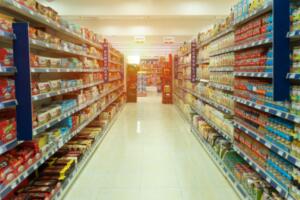 View of shelves with blurry products