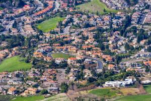 Aerial view of a residential neighborhood on a sunny day, Fremont, east San Francisco bay area, California