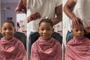Papá le corta el cabello a su hijo con una cuchara