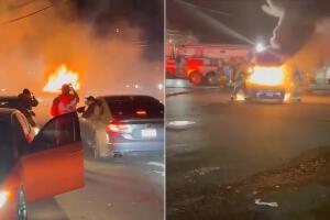  Caos en Queens: toma ilegal de calles termina con agresiones y un auto incendiado.