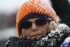 Un fan afronta la nieve durante el juego entre los Chicago Bears y los Cleveland Browns en Soldier Field en Chicago, Illinois.