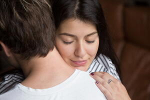 Relieved,Happy,Woman,Hugging,Man,,Grateful,Wife,Embracing,Caring,Loving