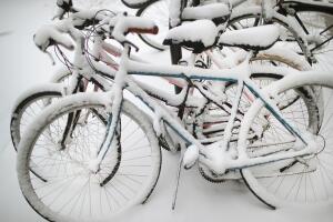 La nieve cubre las bicicletas estacionadas cerca del campus de la Universidad de Chicago. En la noche del jueves,  cayeron cerca de 2 pulgadas de nieve en la ciudad y se esperan  de tres a cinco pulgadas en la noche del viernes. 