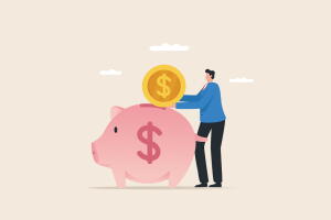 Saving money in a piggy bank. The first lump sum is deducted from income for savings. Set aside some money for savings.
Young man or businessman and piggy bank.