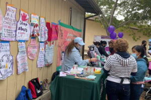 Activistas en California usan delantales para difundir mensajes contra la violencia doméstica.
