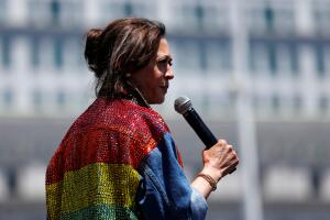 Democratic presidential candidate Kamala Harris speaks on stage during the annual Pride Parade in San Francisco