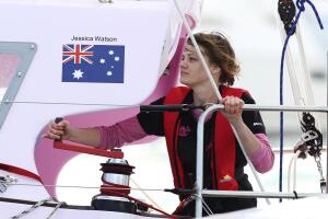 Australian yachtswoman Watson, 16, crosses finish line of her unassisted solo voyage around world in her yacht Ella's Pink Lady at Sydney Harbour Grosby.jpg