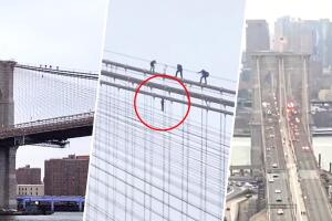 Hombre escala el puente de Brooklyn.