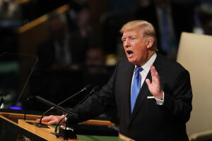El presidente Donald Trump frente a la Asamblea General de ONU, el 19 de septiembre de 2017 en Nueva York. Dio un duro discurso de corte belicista sobre Irán y Corea del Norte.
