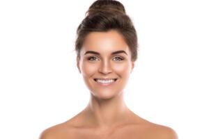 Beautiful young woman on white background