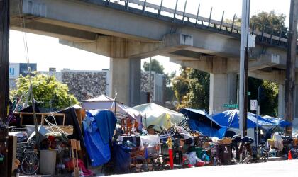 A homeless camp at Market Street and 5th Street is photographed on Thursday, May 18, 2017, in Oakland, Calif. (Aric Crabb/Bay Area News Group) (camp 20) (Photo by MediaNews Group/Bay Area News via Getty Images)